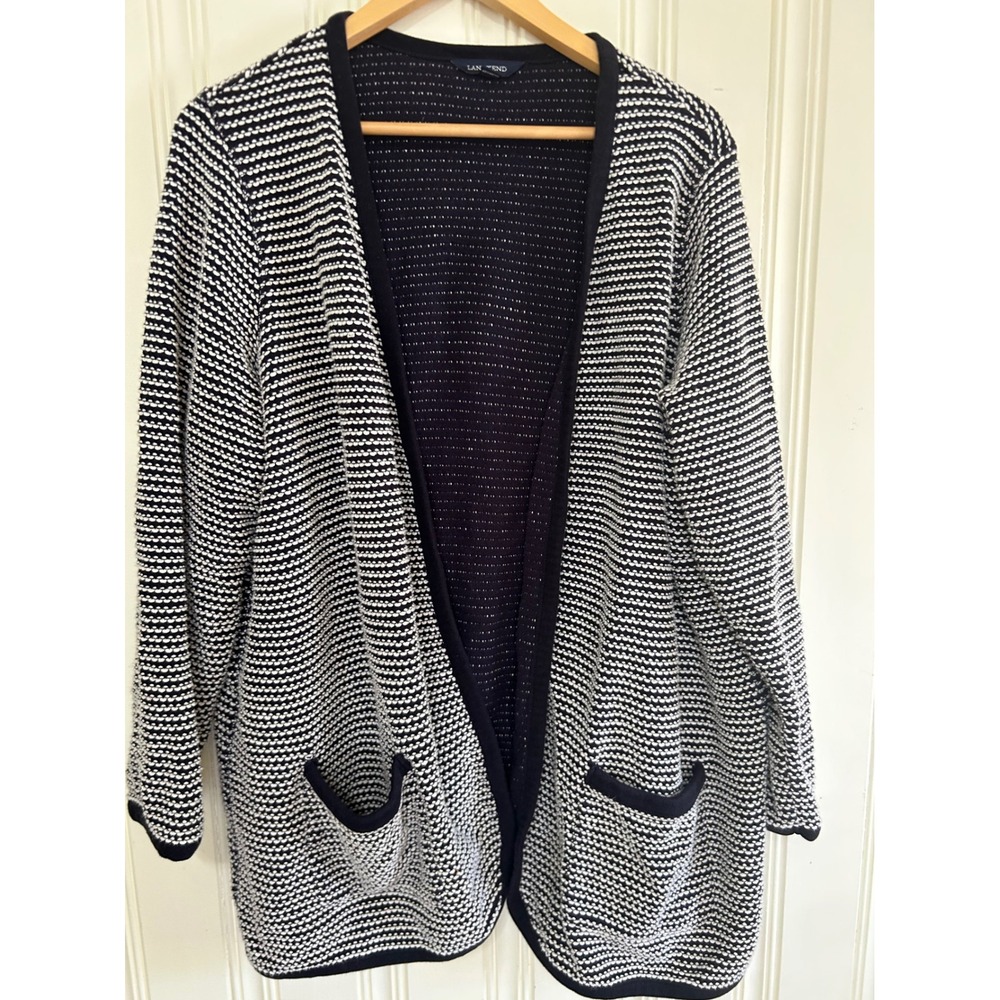 Lands End Womens 20W-22W Navy White Coastal Nautical Knit Open Cardigan Sweater
